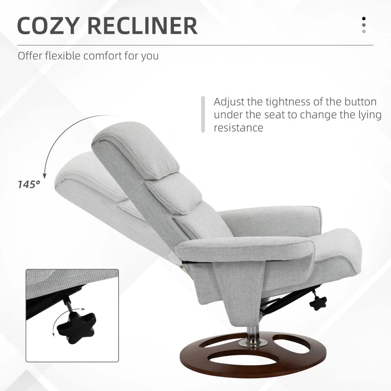 Modern Grey Recliner Chair and Ottoman Set with 360° Swivel, Soft Padding and Wooden Base