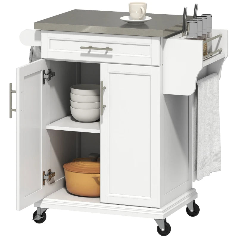 Wooden Kitchen Island on Wheels - Mobile Serving Cart with Stainless Steel Top, Drawer, Side Handle & Rack in White