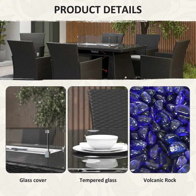 7-Piece Black Outdoor Rattan Garden Furniture Set with Fire Pit Table, 6-Seater Dining Set with Cushions and Propane Heater, 50,000 BTU