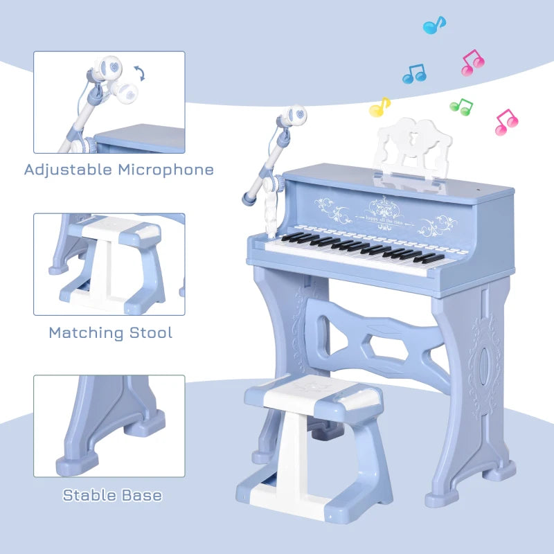 Kids Mini Electronic Piano Keyboard Set - Educational Musical Instrument with Stool, Microphone & Music Stand - Blue Grand Piano Toy