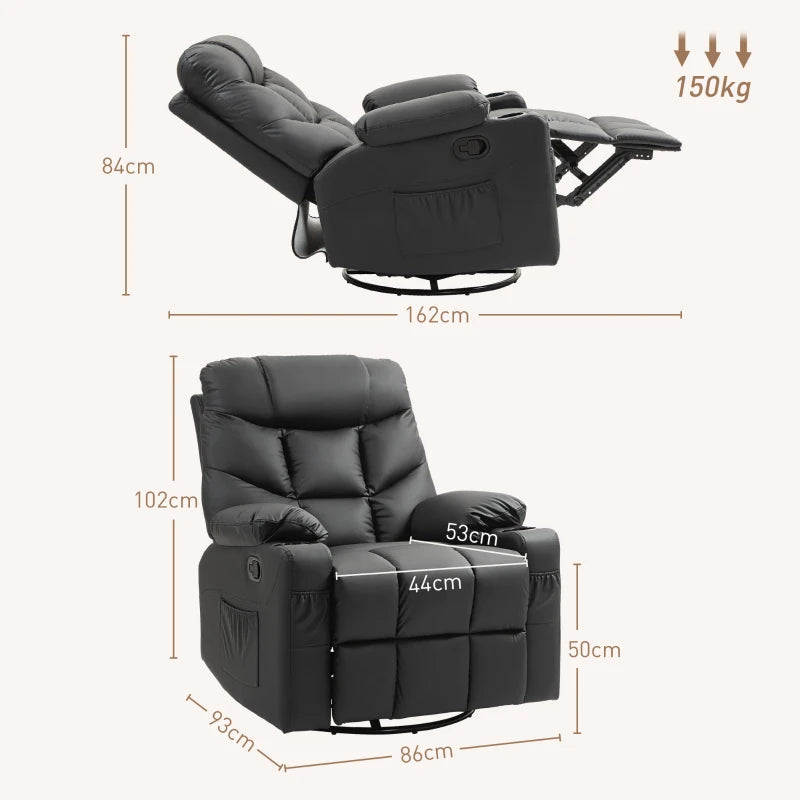 Manual Reclining Armchair with Swivel, Faux Leather, Footrest and Cup Holders - Black, 86x93x102cm