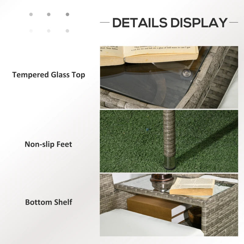 Grey Rattan Garden Loveseat with Glass Table & Cushions