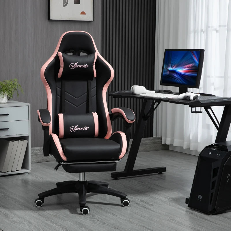 Vinsetto Gaming Chair with Footrest - PU Leather Office Desk Chair, 135° Recline, Lumbar Support, Headrest, Black & Pink