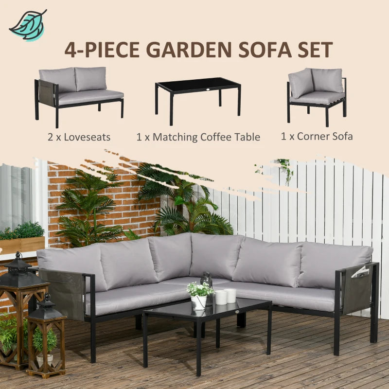 Grey Metal-Framed Garden Corner Sofa With Breathable Mesh Side Pockets