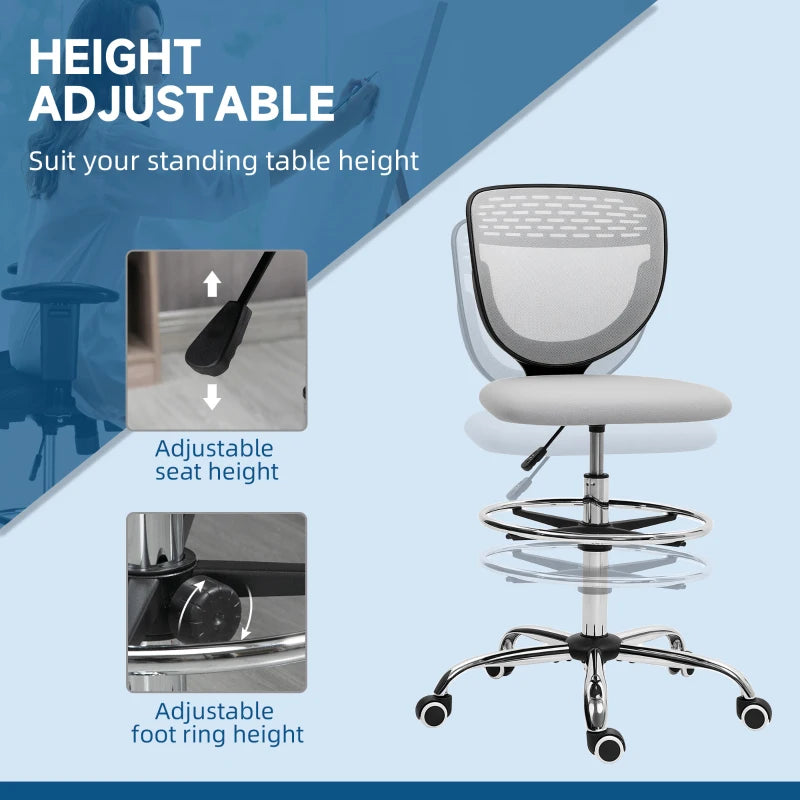 Vinsetto Light Grey Draughtsman Office Chair with Wheels, Adjustable Height 68-88cm, Ergonomic Design for Home & Office