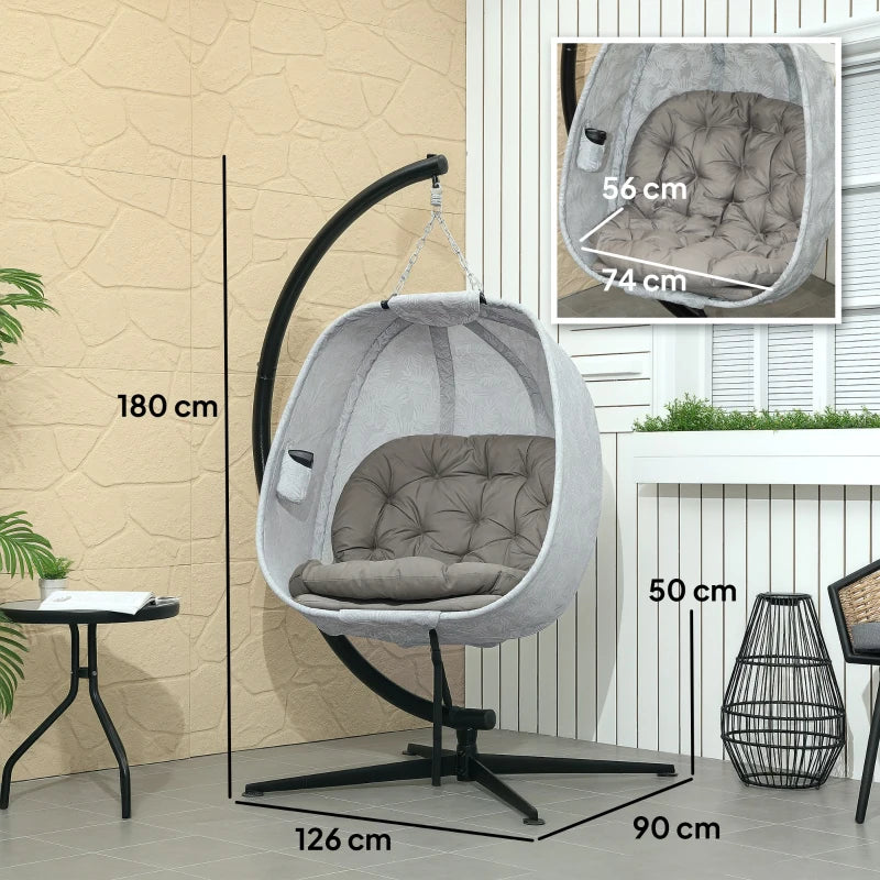 Hanging Egg Chair - Outdoor Indoor Garden Swing Chair with Folding Basket, Thickened Cushion, Cup Holder - Sand Brown
