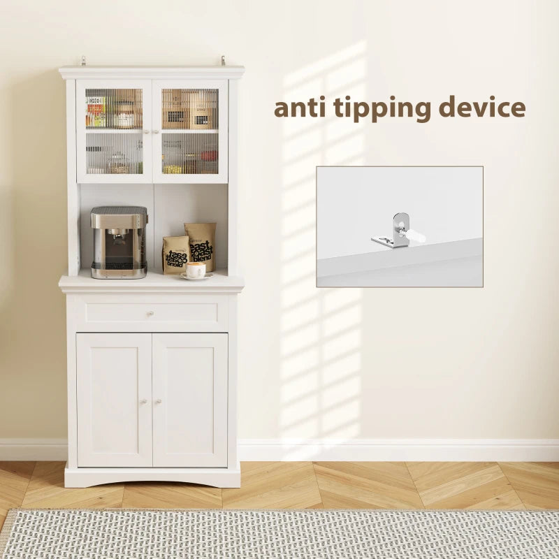 4-Door White Kitchen Cupboard with Drawer, Glass Doors, Adjustable Shelves & Open Counter - Freestanding Storage Cabinet