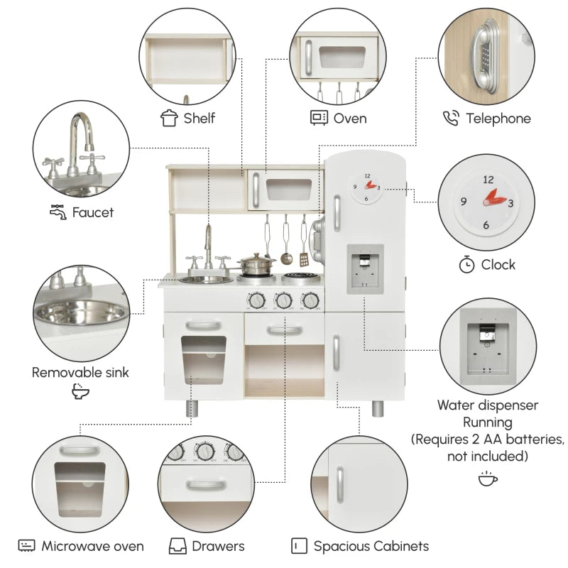 Kids Wooden Pretend Play Kitchen Cooking Set with Phone - Role Play Toy for Boys and Girls - White