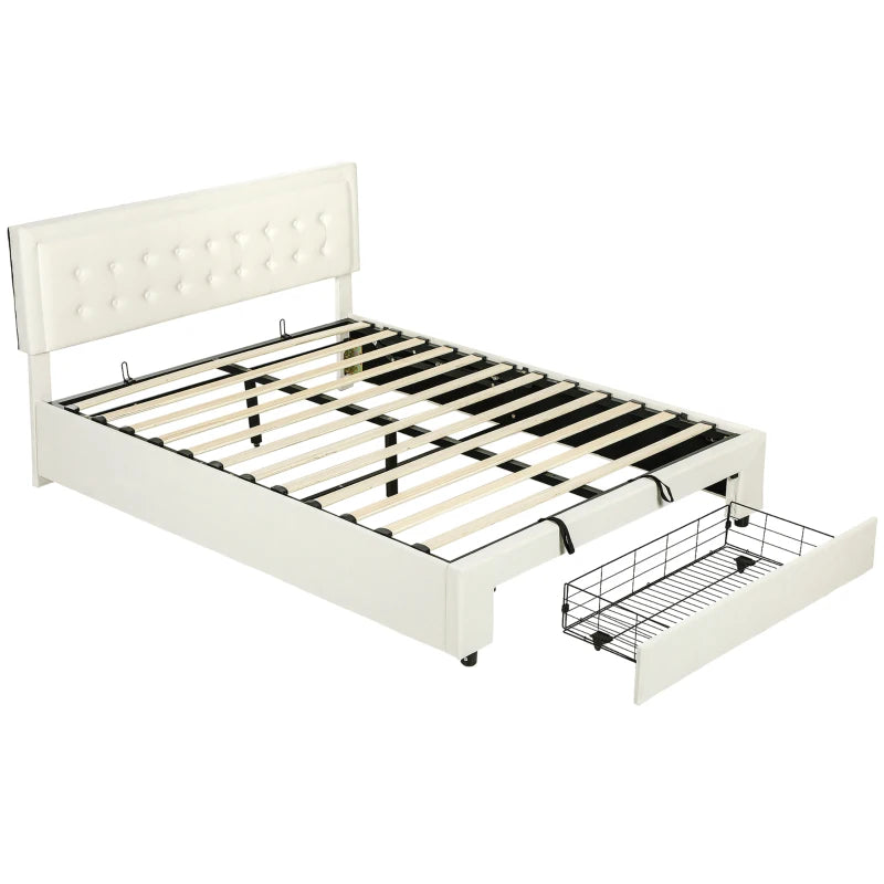 Luxury King Size Ottoman Bed Frame with Front Drawer - Elegant Cream Upholstery for Stylish Storage Solutions
