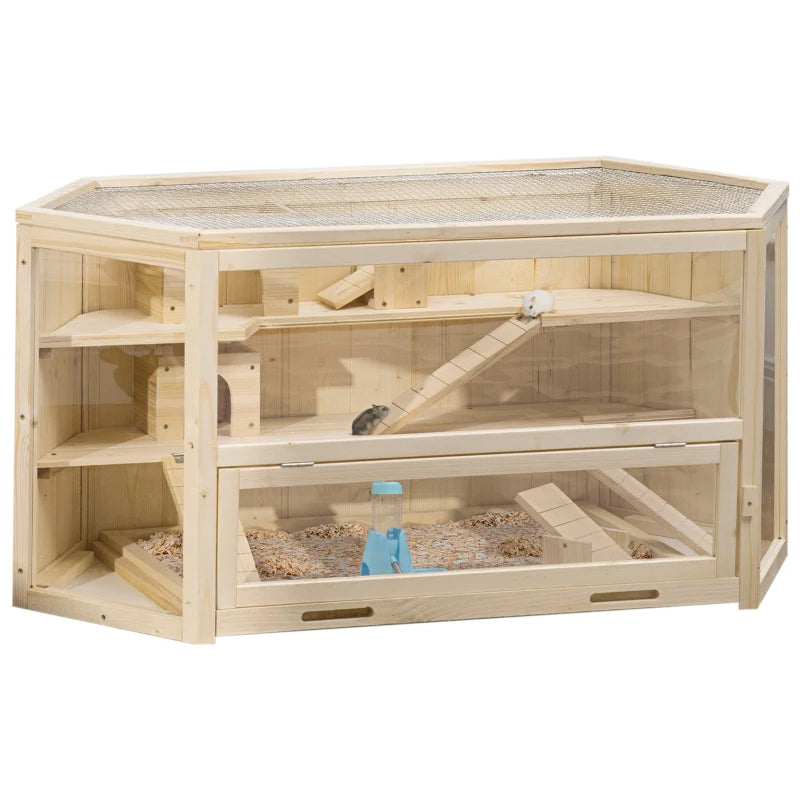 3 Tier Large Wooden Hamster Cage with Sliding Tray, Seesaws & Water Bottle - Natural Habitat for Small Pets