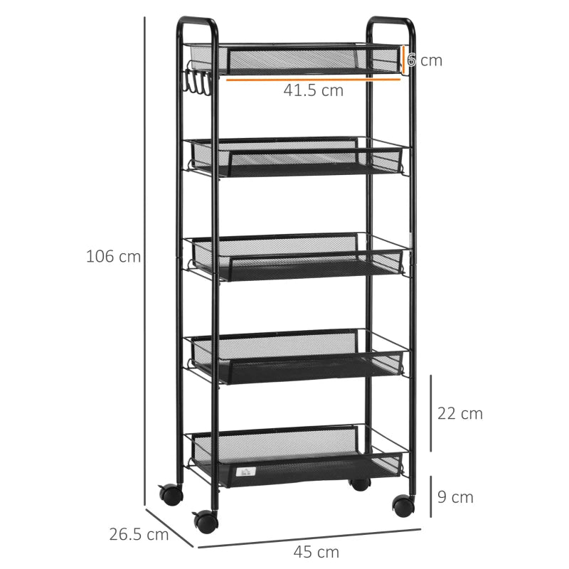 Five-Steel Mesh Storage Trolley with Wheels - Black Basket Organizer for Home, Office, and Kitchen