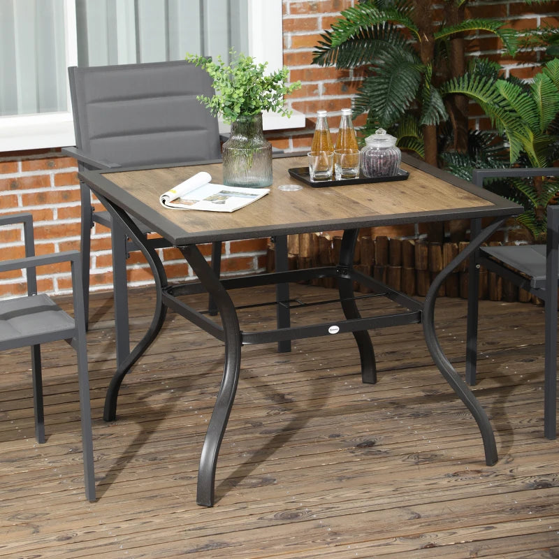 Brown Outdoor Dining Table for 4 with Parasol Hole, Stone-Grain Effect Top