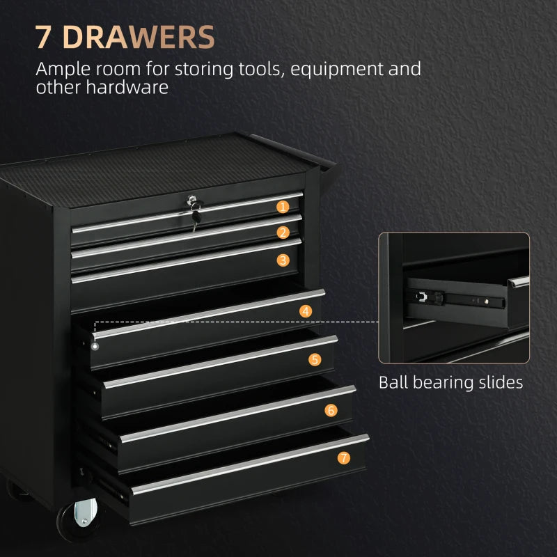 Black 7-Drawer Rolling Tool Chest on Wheels - Fully Lockable Tool Cabinet with Side Handle