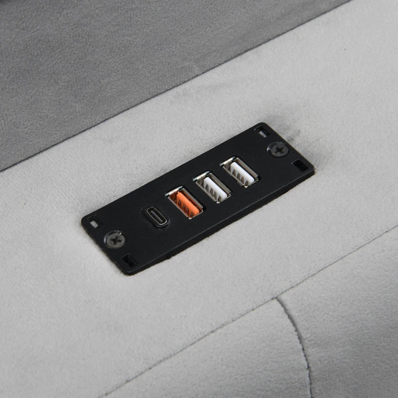 4ft6 Upholstered Double Bed with Velvet Headboard, 4 Storage Drawers, LED Lights & Charging Socket - Grey, 206L x 143W x 115H cm