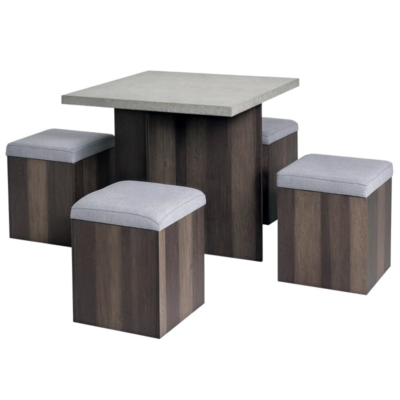 5PC Wooden Dining Set for Garden & Patio - Space Saving Design with 4 Storage Stools, Footrest Ottoman & Cushions