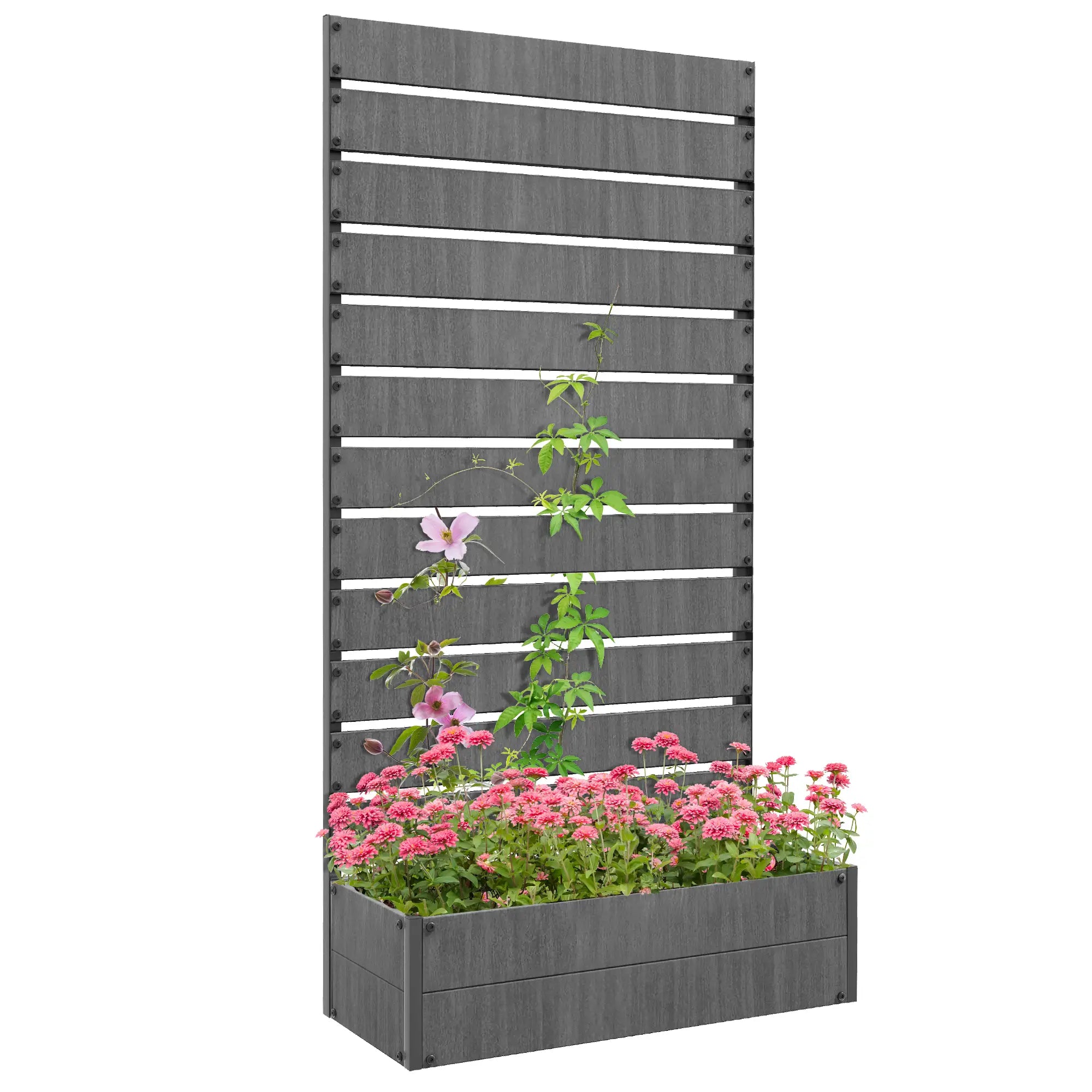 Dark Grey Composite Raised Bed for Gardening - Planter with Trellis for Climbing Plants, Vines - With Drainage