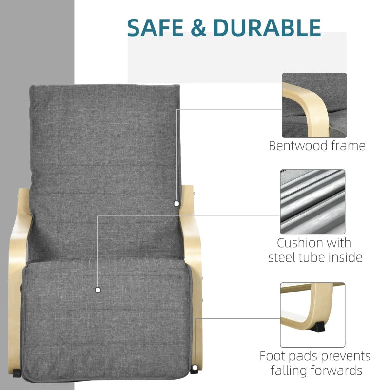 Wooden Lounging Chair for Deck Relaxation with Adjustable Footrest and Removable Cushion in Dark Grey