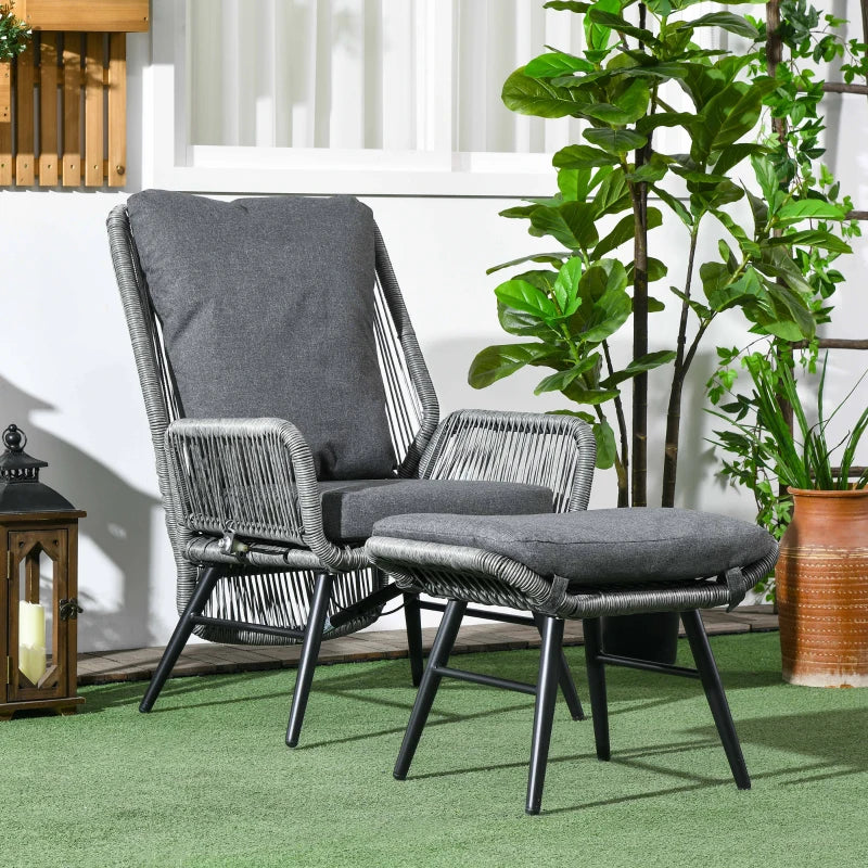 Grey Rattan Armchair and Footstool Set with Cushions