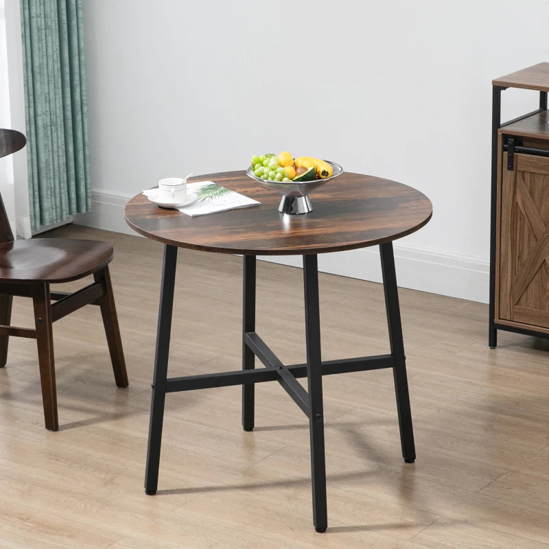 85cm Round Dining Table - Industrial Style Kitchen Table with Rustic Brown Finish & Sturdy Steel Legs