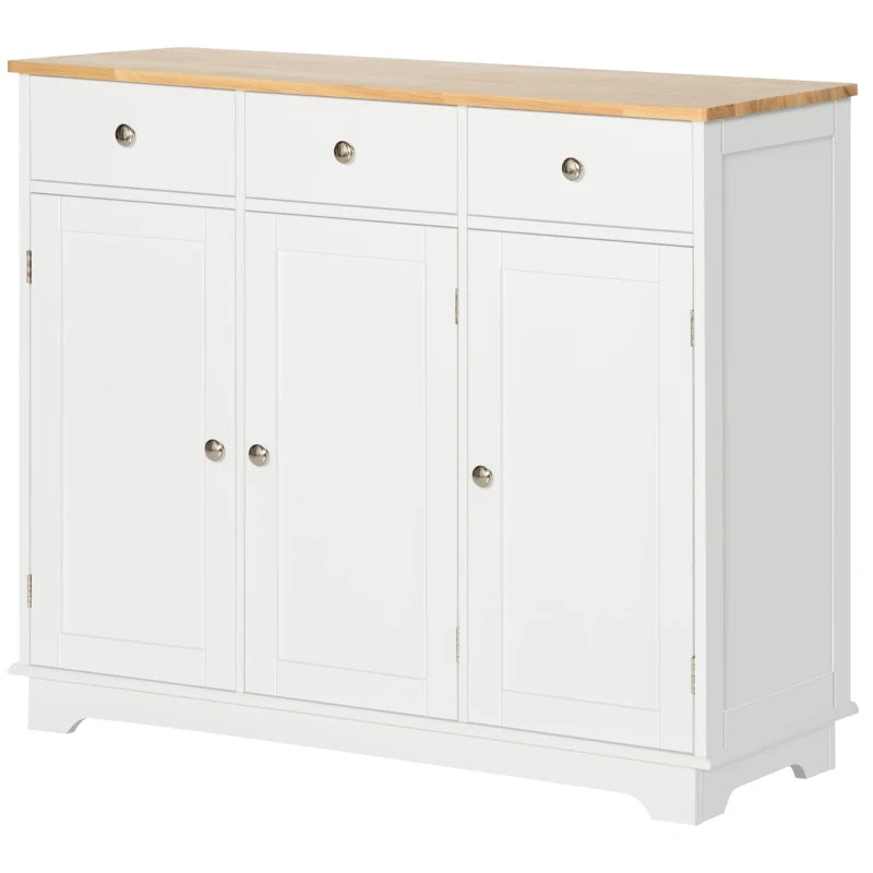 Modern White Sideboard with Rubber Wood Top Storage Cabinet for Dining Room and Living Room 3 Doors 3 Drawers and Adjustable Shelves