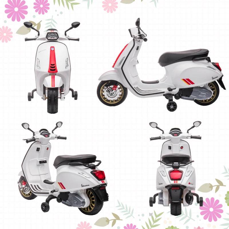 Licensed 12V Kids Electric Vespa Motorbike with Music Headlights FM Radio for Ages 3-6 White