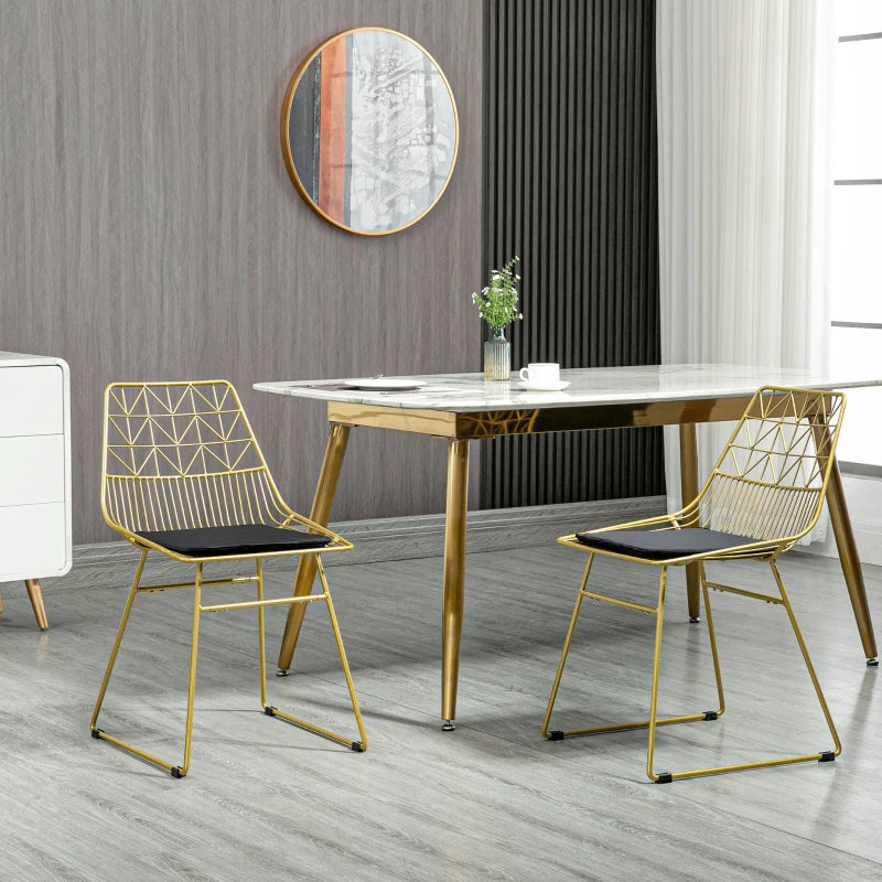 Luxurious Set of 2 Dining Chairs - Metal Wire Kitchen Chairs with Velvet Cushions, Cut-out Back & Gold Steel Frame
