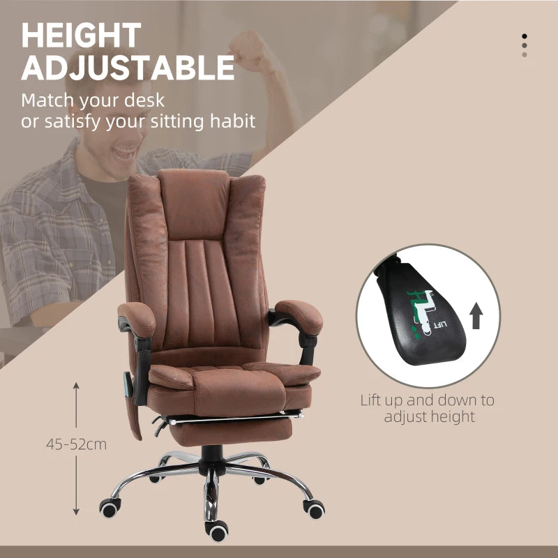 Vinsetto Brown Office Chair with Massage & Heat, Reclining Microfibre Desk Chair with Footrest, Adjustable Height & Swivel Wheels