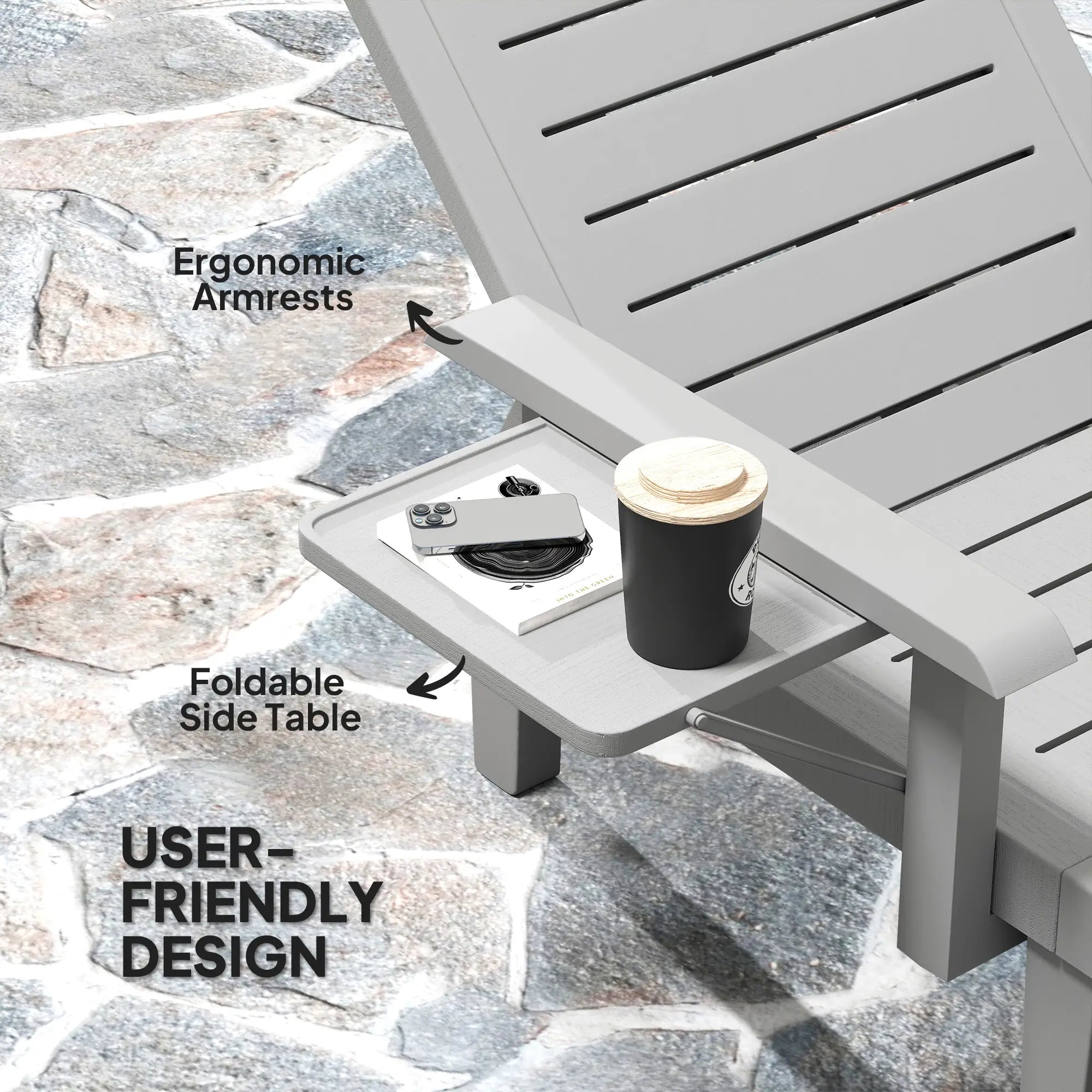 Light Grey Set of 2 Resin Reclining Sun Loungers for Garden - 5 Positions - Adjustable Outdoor Chaise Lounge Chairs