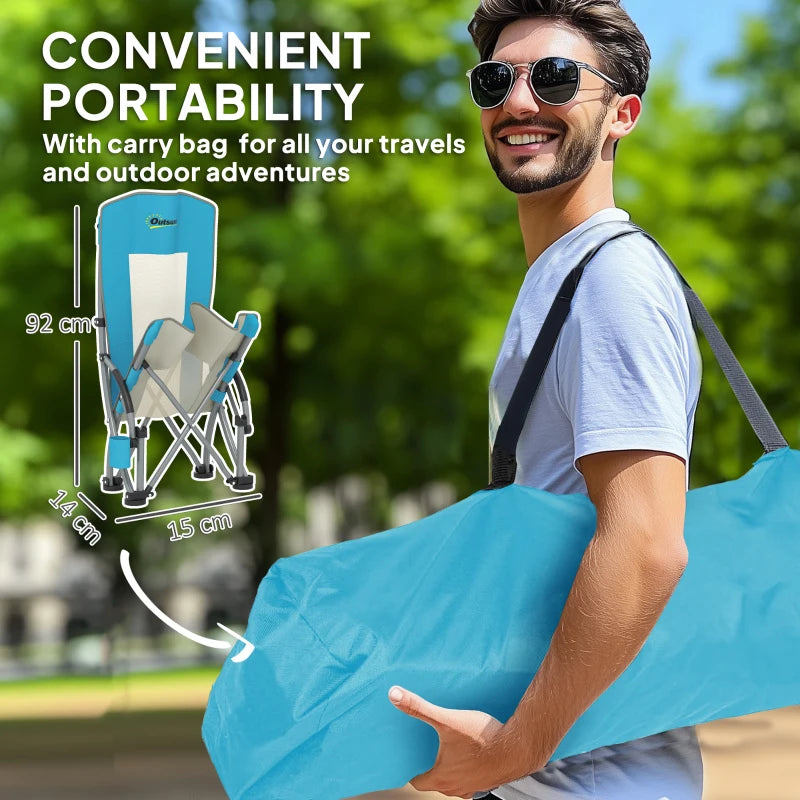 Set of 2 Low Folding Beach Chairs with Mesh Back Carry Bag and Cup Holder for Outdoor Camping Garden Picnic Travel Blue