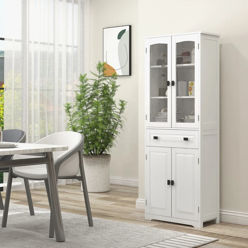 Stylish White Freestanding Kitchen Cupboard - 160cm Storage Cabinet with Glass Door, 2 Adjustable Shelves & Drawer for Living Room/Dining Room