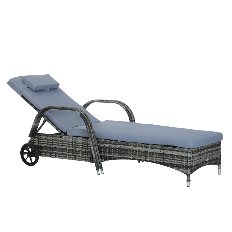 Grey Rattan Sun Lounger with Adjustable Headrest and Blue Cushion
