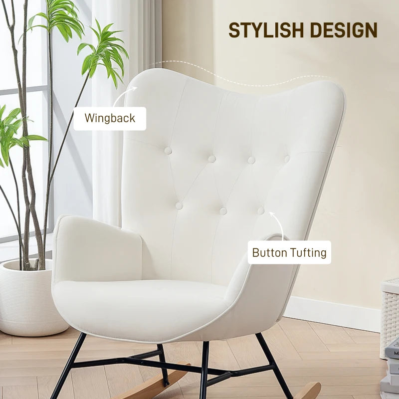 Modern Velvet Rocking Chair with Solid Wood Legs and Metal Frame for Living Room and Bedroom, Cream