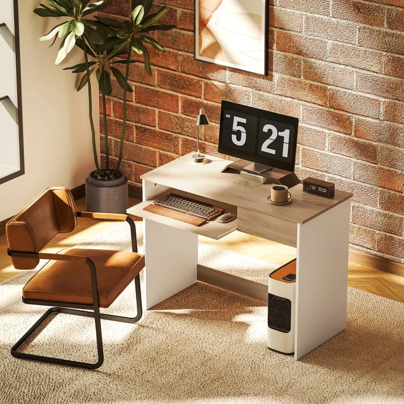 100cm Compact Oak Computer Desk with Keyboard Tray & Drawer - Ideal Home Office & Bedroom Study Furniture