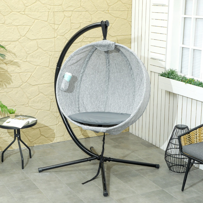Hanging Egg Chair - Grey Outdoor Indoor Garden Swing Chair with Folding Basket, Stand, Thickened Cushion & Cup Holder - Perfect for Patio & Balcony
