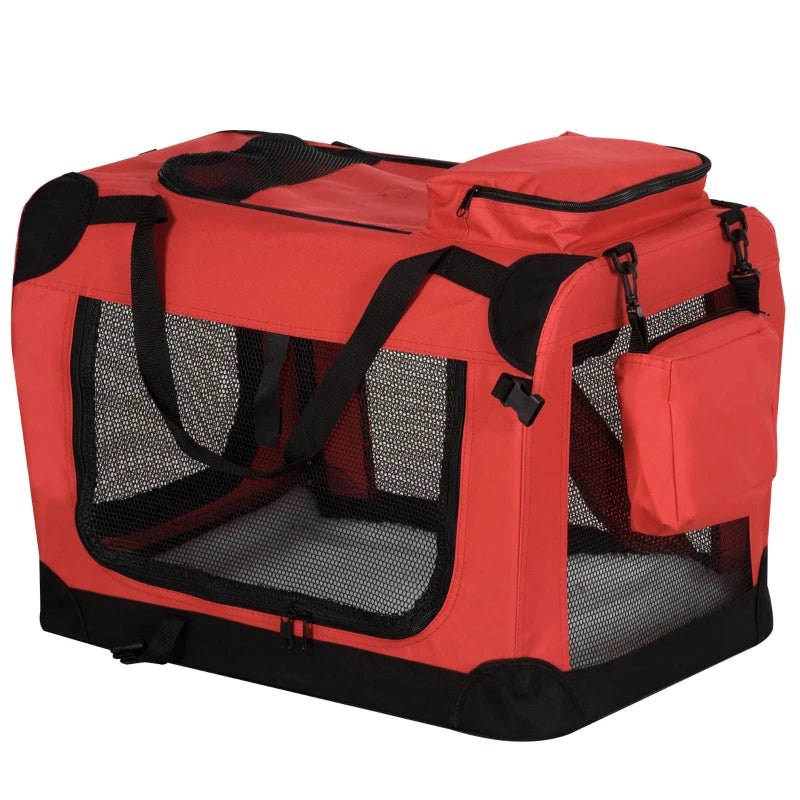 Foldable Pet Carrier for Small Dogs & Cats - Portable Soft-Sided Travel Crate with Removable Mat & Mesh Window - Red 60x42x42cm