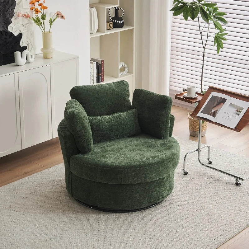 Stylish Green Chenille Swivel Armchair with Cushions and Ottoman Stool, 360° Recliner Sofa, 107L x 105W x 82H cm