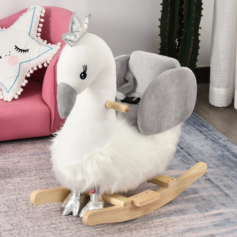 Kids Plush Rocking Horse & Swan Ride-On Toy with Sound, Wooden Base, Safety Belt for Toddlers 18-36 Months - White & Grey