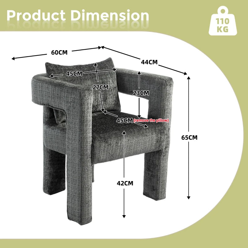 Set of 2 Modern Sofa Chairs with Hollow Armrest Design, Cushions and Pillows, Dark Grey, 60x44x65 cm