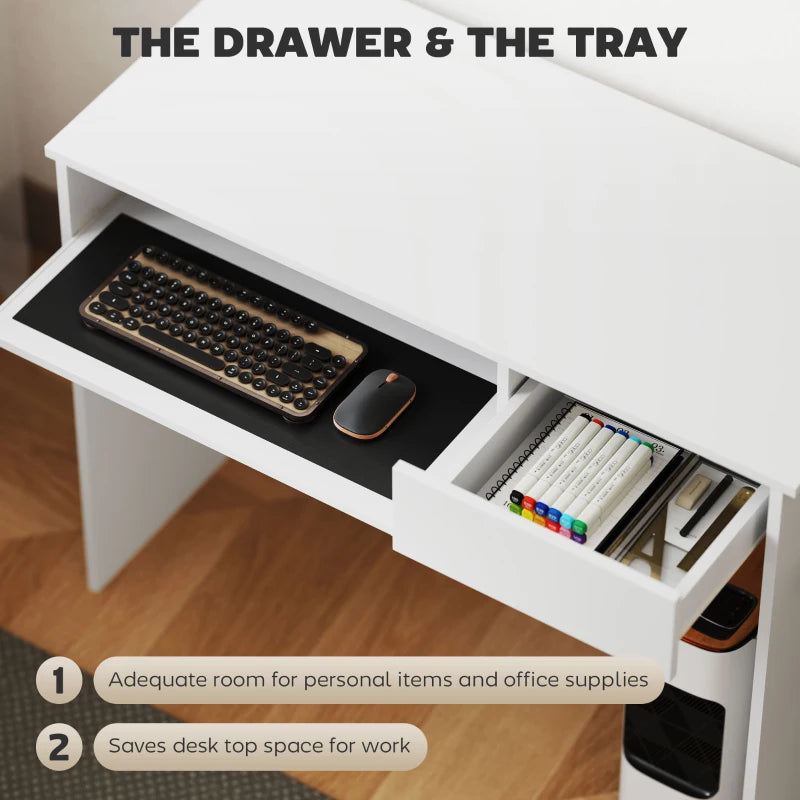 100cm Compact Computer Desk with Keyboard Tray & Drawer - Stylish Home Office Desk for Bedroom Study, White Finish