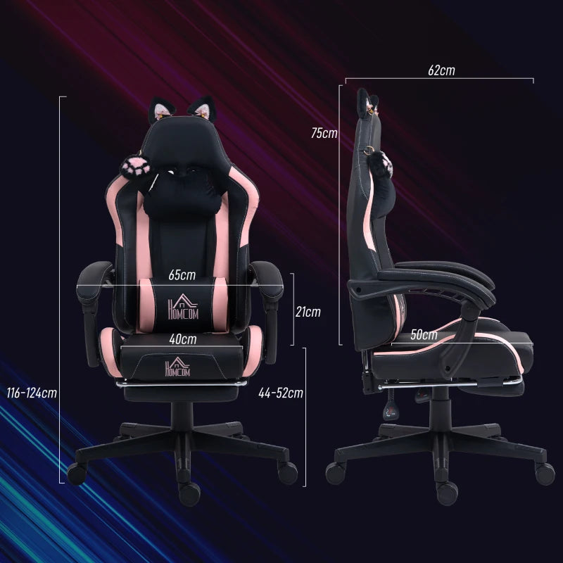Cat Ear & Paw Reclining Office Chair with Footrest - Stylish Black & Pink Gaming Chair for Cat Lovers