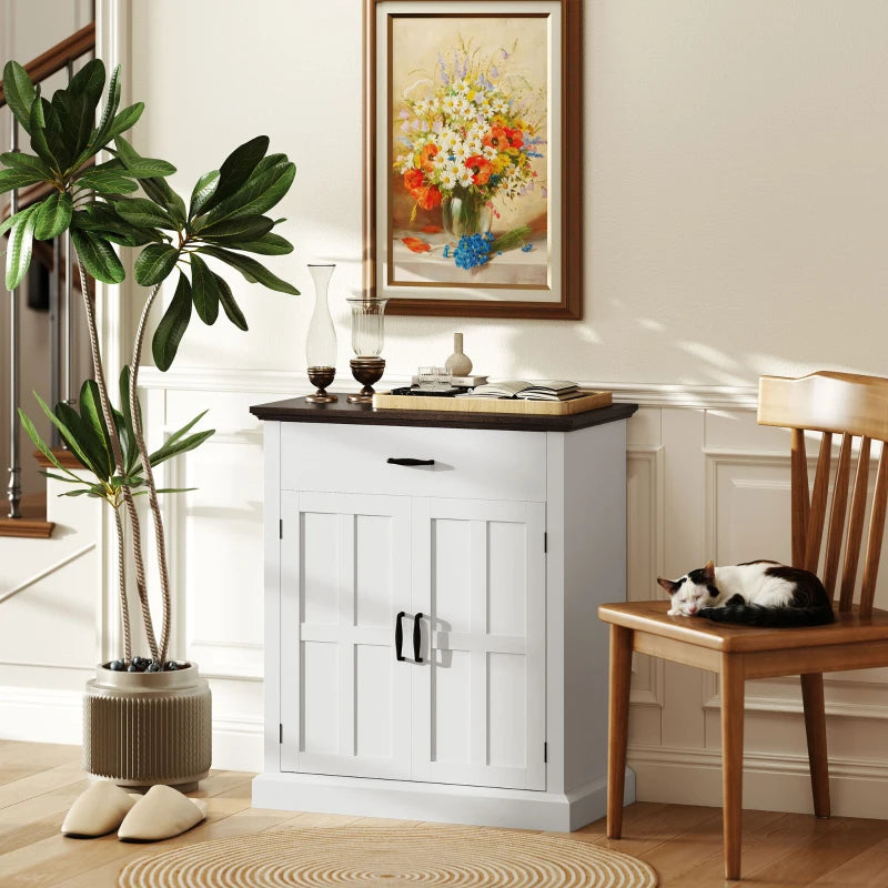 Rustic Farmhouse Sideboard with 3cm Thick Top & 2 Barn Doors - Elegant White Storage Cabinet for Dining Room