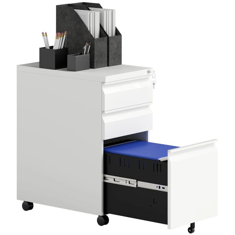 Vinsetto 3-Drawer Lockable Steel Filing Cabinet on Wheels - Modern White Office Storage Solution