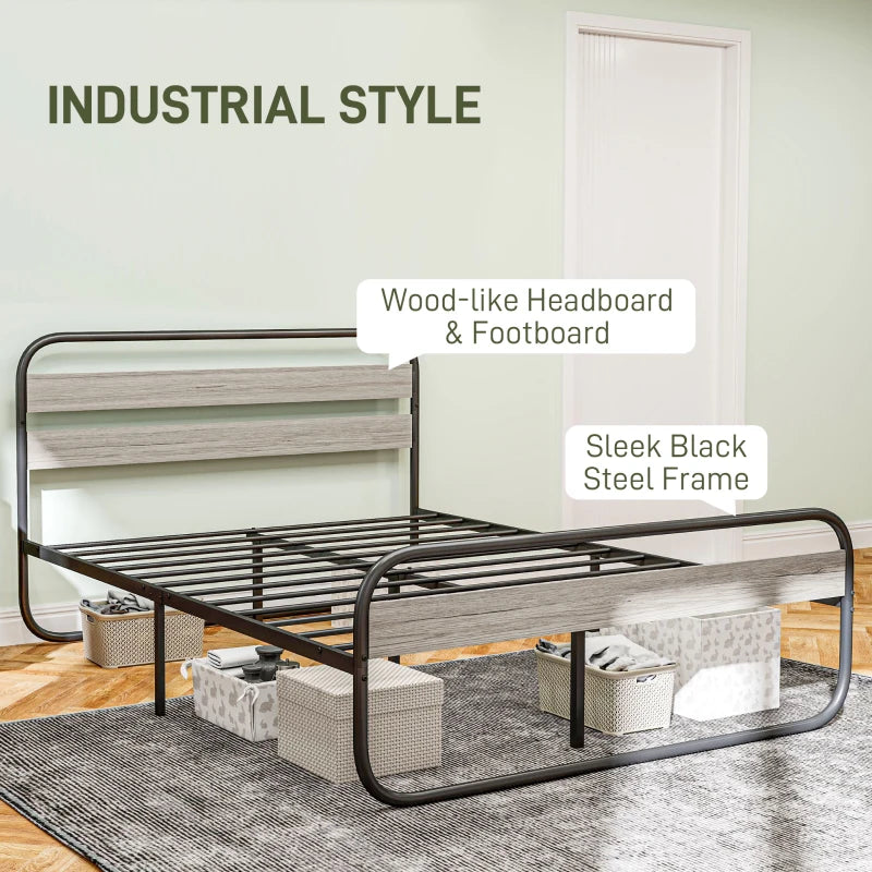 Industrial Style 4ft6 Double Bed Frame - Metal Platform with Under Bed Storage, No Box Spring Required, Easy Assembly, Grey