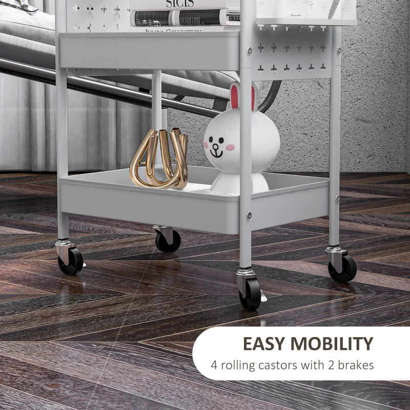 3-Tier Rolling Storage Trolley with Mesh Baskets, Hanging Boxes & Hooks - Versatile Utility Cart for Kitchen & Living Room - White
