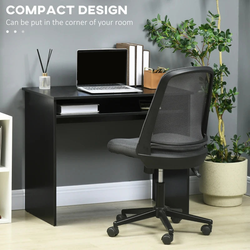 Modern Black Wood Grain Computer Desk - Small Home Office Writing Table with Storage Shelf, 90 x 50cm