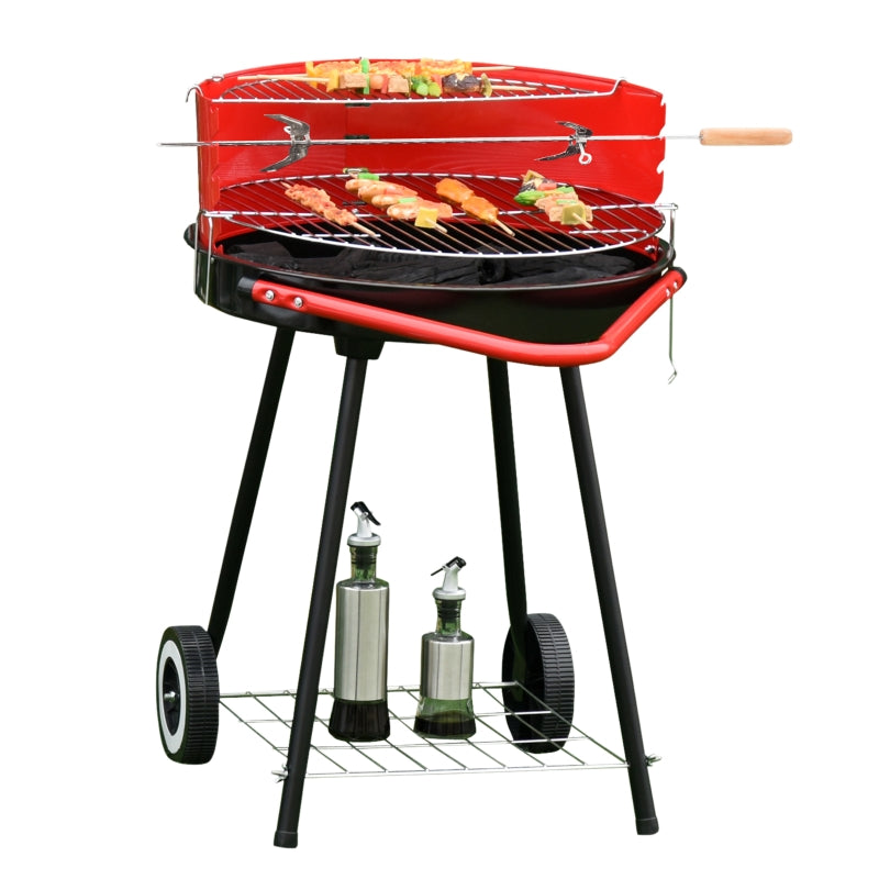 Portable Charcoal BBQ Grill with Wheels - Red/Black, 75.5 x 50 x 82 cm