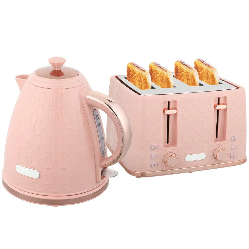 Light Pink Kettle and Toaster Set - 1.7L Fast Boil Jug Kettle & 4 Slice Toaster with 7 Browning Levels