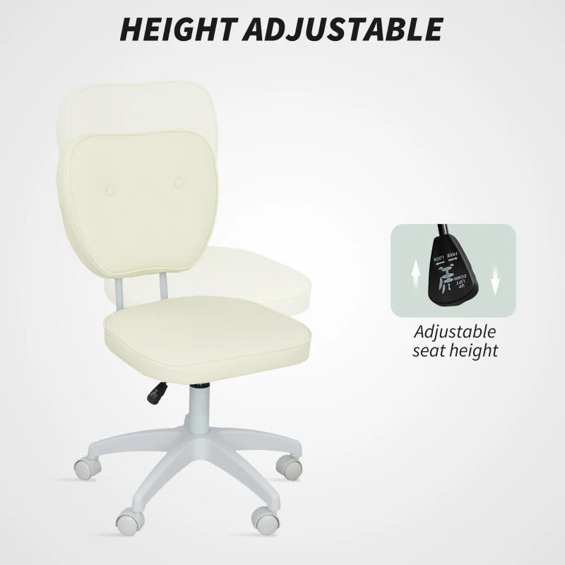 Vinsetto Cream PU Leather Vanity Office Chair - Adjustable Height, Armless Design, Swivel Wheels for Home & Office Use