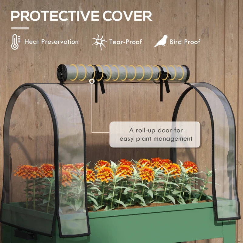 Mobile Elevated Garden Bed with Greenhouse Cover - 4ft Green Planter with Wheels and Bottom Shelf