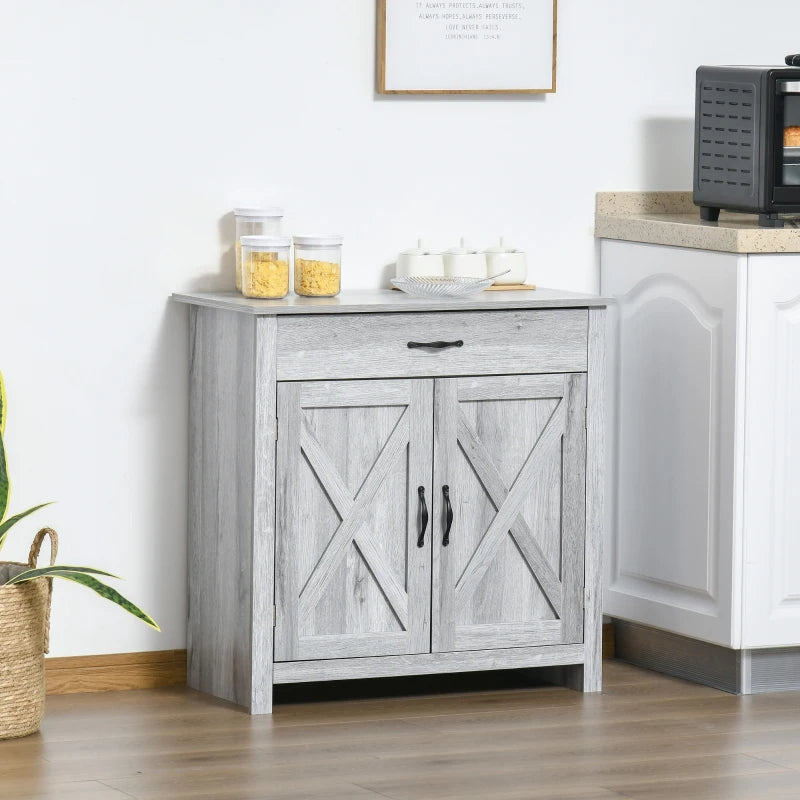 Farmhouse Barn Door Sideboard Storage Cabinet - Grey Grain Coffee Bar for Living Room - Rustic Home Decor